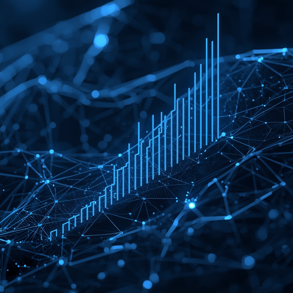 Abstract 3D render of quality control graphs and data visualization glowing dark blue premium aesthetic no woman